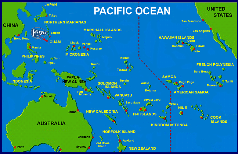  US Territory of Guam, mid-Pacific yacht haven and refuge in a storm, 3,945 West of Hawaii, 2,612 miles South of Japan and 1,551 miles East of the Philippines.
